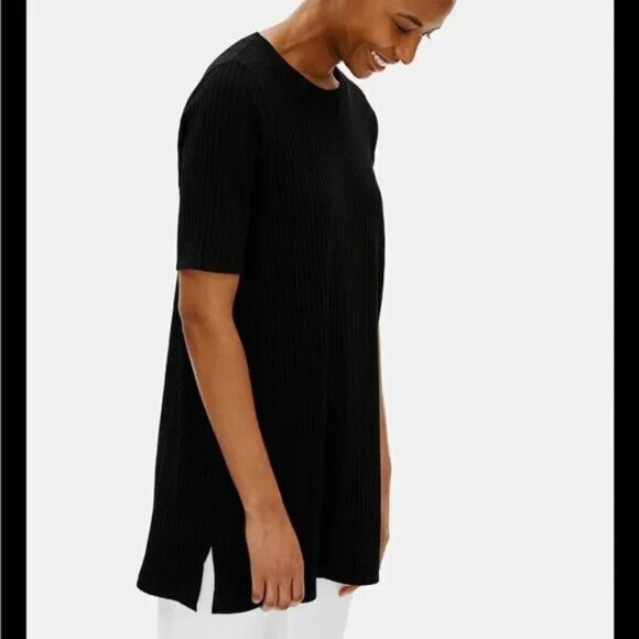 EILEEN FISHER Textured Stretch Rib Round Neck Tunic Black Size M - Picture 2 of 11